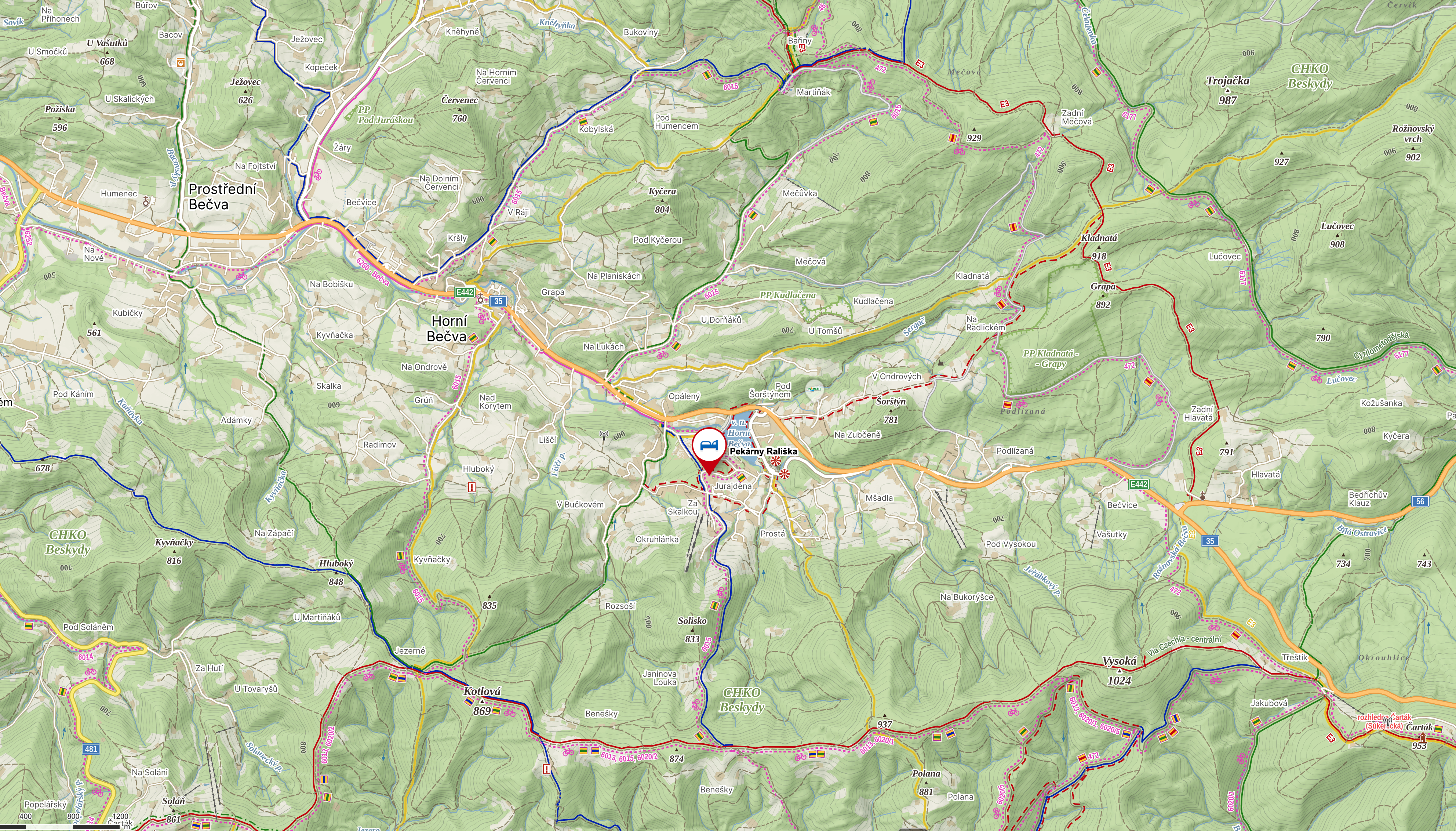 Mapa okolí Horní Bečvy